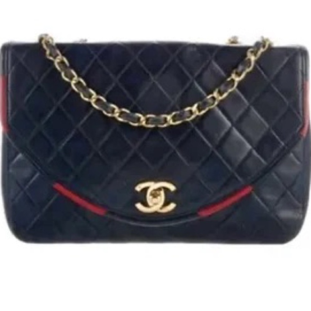 Chanel Vintage Navy & Red Quilted Lambskin Purse & Chain. Great look with Denim - Picture 1 of 11